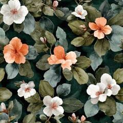 Naklejka premium Floral seamless pattern with white and orange flowers and green leaves. Botanical background for fabric, wallpaper, packaging design.