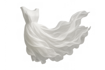 White flowing dress fabric moving elegantly in wind on transparent background, symbolizing freedom, grace, and light fashion