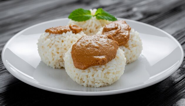 Delicious Rice Balls with Peanut Sauce on a White Plate A Culinary Delight