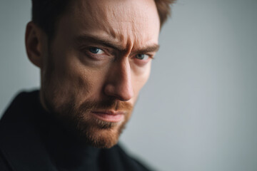 Obraz premium closeup portrait of bearded man expressing deep contemplation and effort