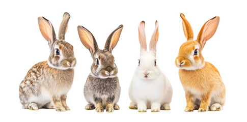 A group of four adorable rabbits of various breeds and colors. posing together on a clean white background. their unique features and playful nature. ideal for animal-themed projects