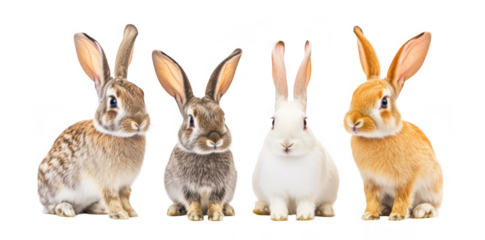 A group of four adorable rabbits of various breeds and colors. posing together on a clean white background. their unique features and playful nature. ideal for animal-themed projects