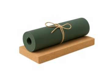 Rolled green yoga mat tied with twine string on a cork block for fitness, wellness, and healthy lifestyle on transparent background