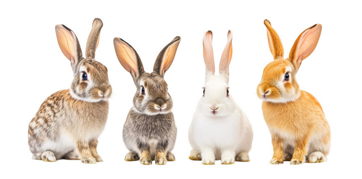 A group of four adorable rabbits of various breeds and colors. posing together on a clean white background. their unique features and playful nature. ideal for animal-themed projects