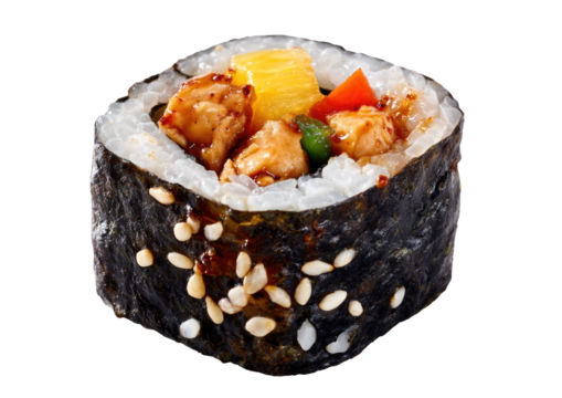 Sushi roll filled with chicken, pineapple, & rice