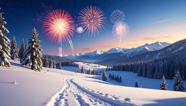 Winter Wonderland Fireworks Display Over Snowy Mountain Landscape.