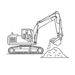 Detailed line art illustration of an excavator in action, digging and moving earth, perfect for construction-themed designs and educational materials.