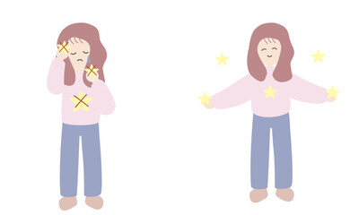 自分の才能を否定する女性と活かして輝く女性のイラスト