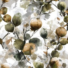 Fototapeta na wymiar Abstract seamless pattern of pomegranate shapes in green and brown hues with brushstroke effect for textile design and modern art.