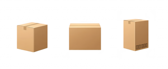 A collection of three different cardboard boxes of varying shapes and sizes arranged on a clean. white background. ideal for packaging and shipping concepts