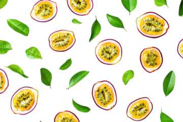 Vibrant arrangement of fresh passion fruit halves and green leaves on a clean white background. the juicy interior and creating an inviting atmosphere for healthy eating