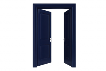 A pair of open navy blue doors revealing a bright. empty space beyond. symbolizing opportunity and new beginnings. with a minimalist design ideal for modern decor or inspirational themes