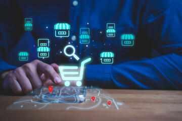 Digital shopping and location search concept, user selecting nearby stores on interactive map, illustrating online retail, local business discovery, e-commerce navigation, smart purchasing decisions.