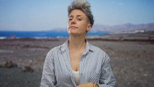 Woman pointing finger at rocky beach shoreline in a striped shirt with a visible wristwatch shows a firm gesture; determination.