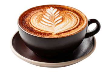 Latte art fern in a brown cup, saucer, creamy foam design closeup