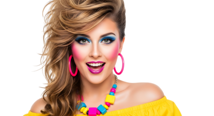 Portrait of a woman with eighties makeup and yellow top smiling brightly transparent background