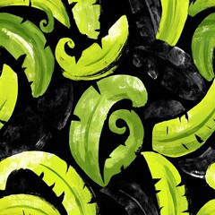 Naklejka premium Vibrant green tropical leaf seamless pattern with brush strokes on a dark background. Artistic jungle foliage concept for textile design and summer decor.
