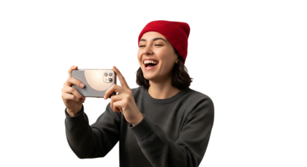 Woman in red beanie laughing while holding and using a smartphone device transparent background 