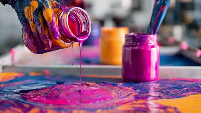 Closeup of artisan hands mixing vibrant biodegradable ink in a glass jar highlighting ecofriendly sustainable printing techniques in a bright studio setting.