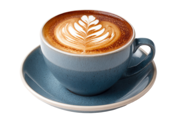 Latte art in blue ceramic cup and saucer on a black background