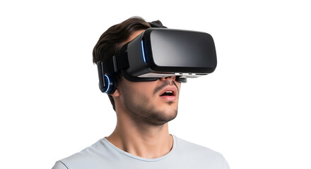 Man with open mouth wearing black virtual reality headset on black background transparent background 