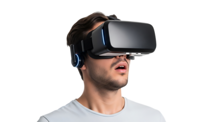 Man with open mouth wearing black virtual reality headset on black background transparent background 