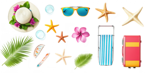 A beach-themed flat lay featuring a sun hat adorned with flowers. sunglasses. starfish. tropical leaves. and a colorful suitcase. evoking a sense of summer vacation and travel