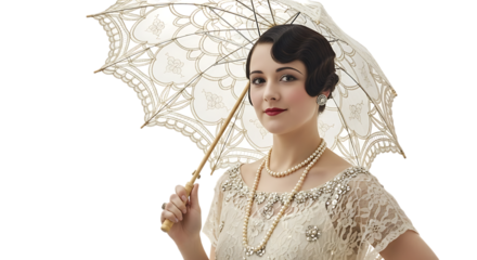 Portrait of a woman in vintage attire holding a lace parasol smiling softly transparent background