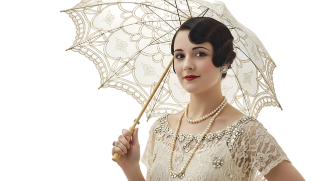 Portrait of a woman in vintage attire holding a lace parasol smiling softly transparent background - Powered by Adobe