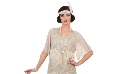 Woman in flapper dress with feather headband and pearl necklace posing transparent background 