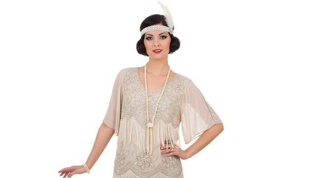 Woman in flapper dress with feather headband and pearl necklace posing transparent background 