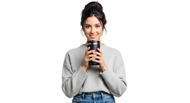 Woman in sweater holding a black travel mug with a smile on her face transparent background  - Powered by Adobe