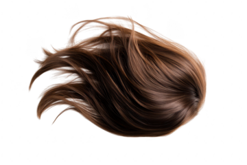 A flowing cascade of rich brown hair elegantly arranged against a clean white background. its texture and shine. ideal for beauty and haircare promotional materials