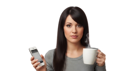 Brunette woman holding a smartphone and a cup of steaming hot beverage transparent background 