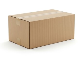 Rectangular corrugated cardboard container sealed with tape sits against a white background