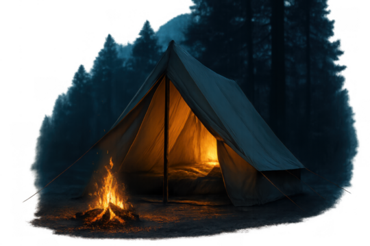 Camping tent illuminating a dark forest at night with a warming campfire, suggesting adventure and coziness on a transparent background