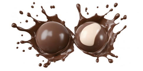 Two chocolate spheres splashing in rich liquid chocolate. a dynamic food scene with droplets flying around. perfect for culinary art or dessert advertisements