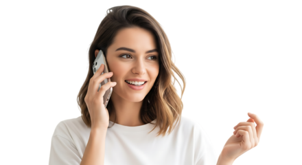 A woman with shoulder length hair talking on a cell phone while smiling softly transparent background