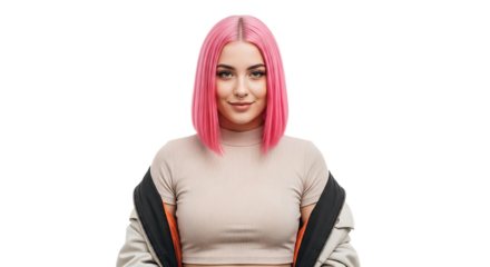 Portrait of a woman with pink hair wearing a jacket and smiling softly transparent background