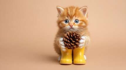 Adorable kitten with pinecone in yellow boots against a neutral background
