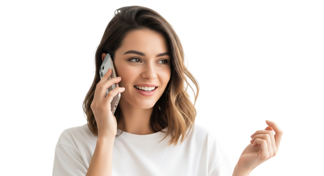 A woman with shoulder length hair talking on a cell phone while smiling softly transparent background