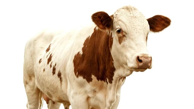 A close-up shot of a brown and white cow against a clean white background