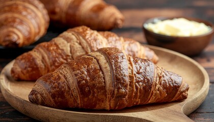 Freshly baked golden croissants served on a rustic wooden plate, a perfect buttery delight for a delicious breakfast
