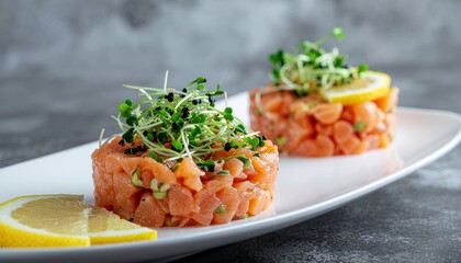 Salmon Tartare Appetizers with Lemon and Microgreens on Plate