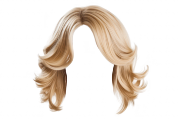 A realistic. voluminous blonde wig with soft curls. displayed against a clean white background. perfect for fashion shoots. costume design. or hairstyling demonstrations