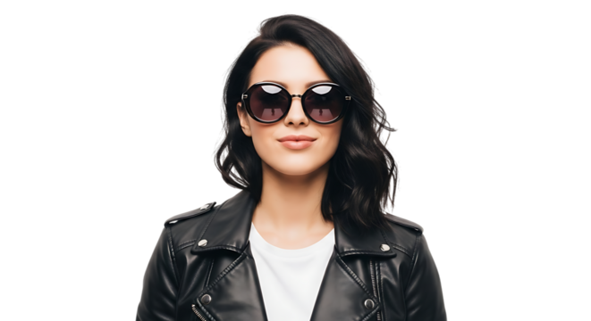 Portrait of a woman with sunglasses and a black leather jacket on black background transparent background - Powered by Adobe