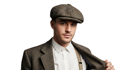Portrait of a man wearing a tweed suit jacket and cap against a black background in a studio shot transparent background