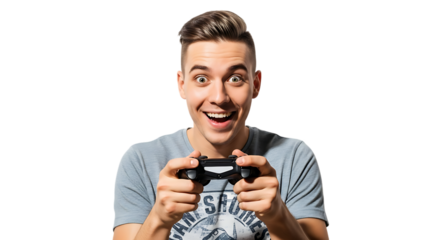 Excited gamer holding a black controller with a surprised expression on a black background image transparent background