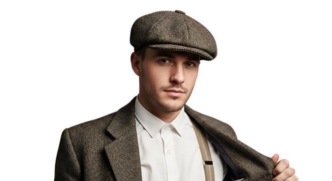 Portrait of a man wearing a tweed suit jacket and cap against a black background in a studio shot transparent background