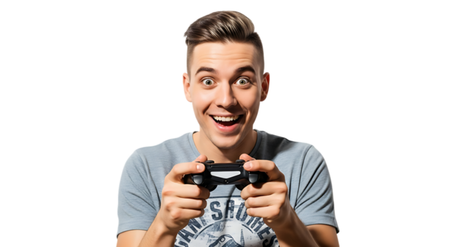Excited gamer holding a black controller with a surprised expression on a black background image transparent background